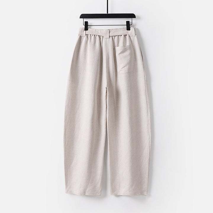 Damen Hochgeschnittene weite Leinenmix-Hose mit Bundfalten und Stoffgürtel Drune