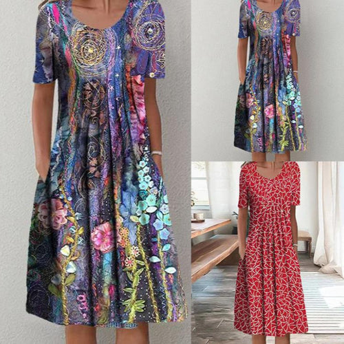 Frauen Mehrfarbige A-Linien Midi Kleid mit Taschen und Abstraktem Blumenmuster Drune