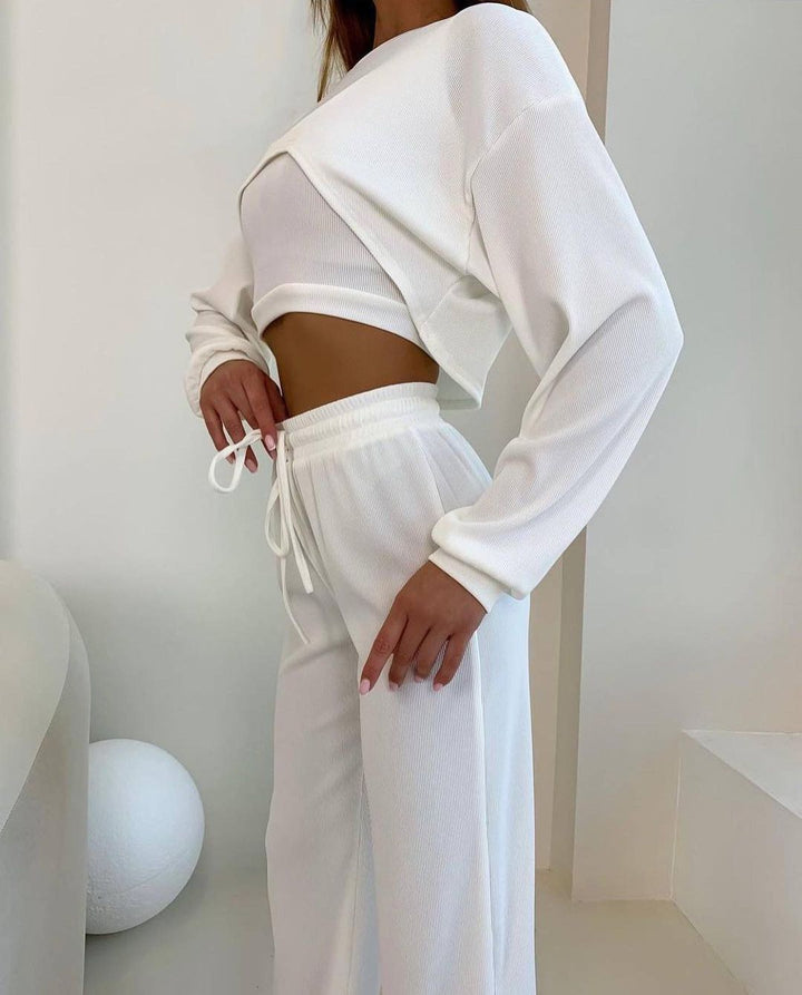 Damen Ripp-Lounge-Set mit Cut-Out Croptop, Oversize Cropped Pullover und High-Waist Jogginghose Drune