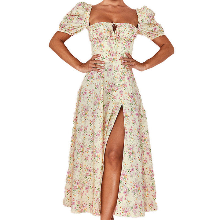Damen Maxi-Kleid mit Puffärmeln und floralem Design Drune