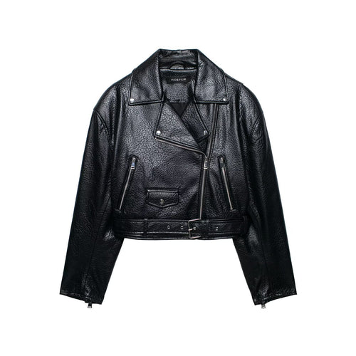 Damen Kurz geschnittene Biker-Lederjacke mit tailliertem Gürtel, asymmetrischer Reißverschluss und Strukturleder Drune