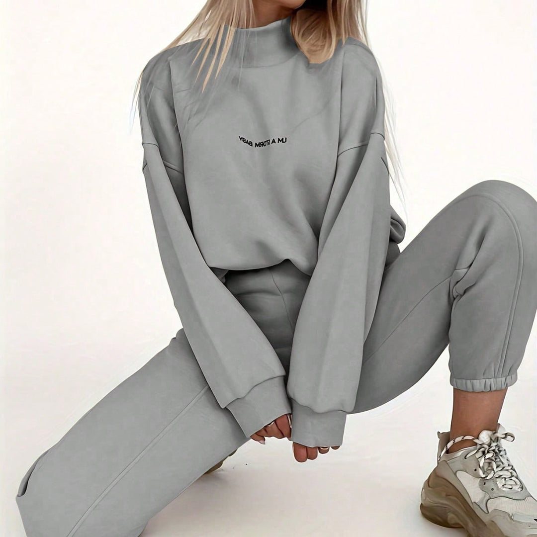 Damen Sportliches Sweatshirt und Jogginghose Set mit hohem Kragen und weitem Schnitt Drune