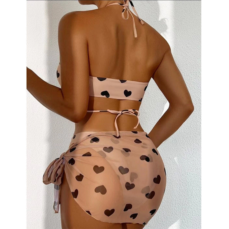 Damen Bikini-Set mit verspieltem Herzmotiv und transparentem Wickelrock Drune