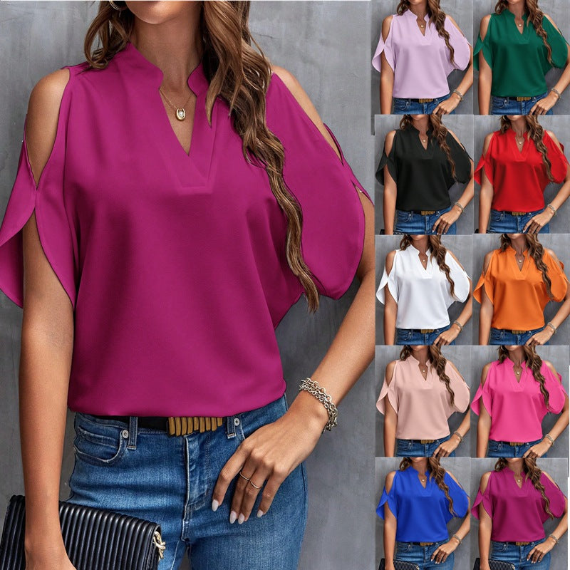 Damen Schulterfreie Chiffonbluse mit V-Ausschnitt und Stehkragen Drune