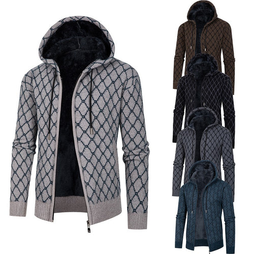Herren Kapuzen-Strickjacke mit Teddy-Futter und Rautenmuster Drune