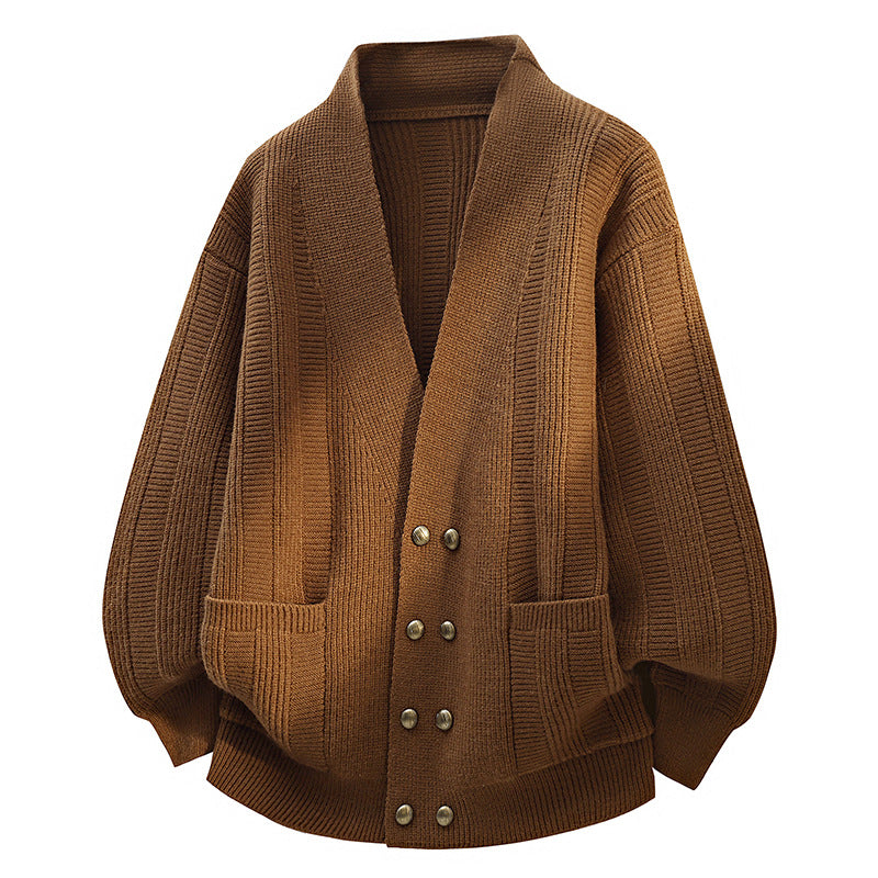 Damen Oversize Strickcardigan mit Schalkragen, doppelreihiger Knopfleiste & Eingrifftaschen Drune