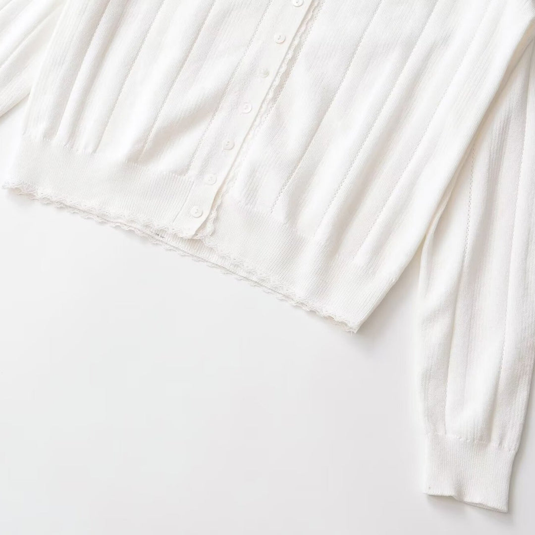 Damen Leichte Feinstrick-Cardigan mit Knopfleiste, Spitzenkante und Rippstruktur Drune