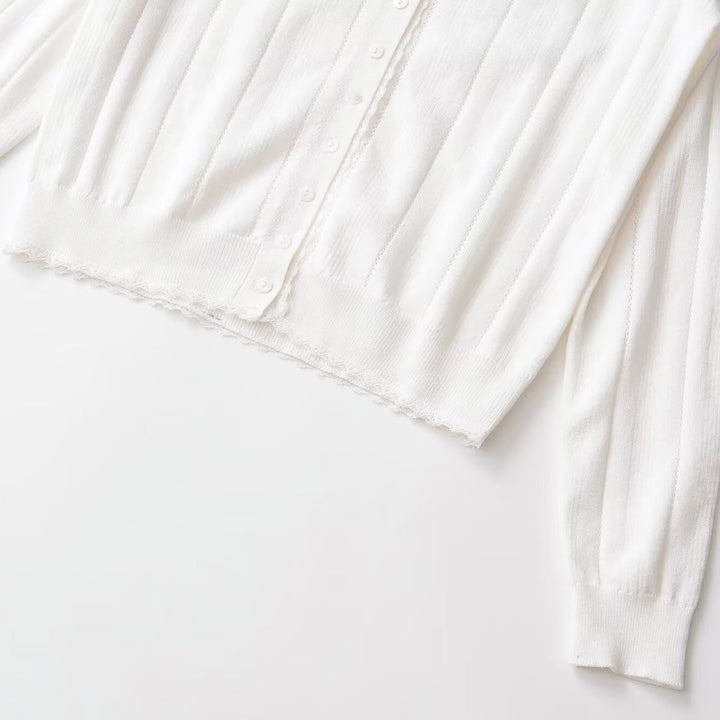 Damen Leichte Feinstrick-Cardigan mit Knopfleiste, Spitzenkante und Rippstruktur Drune
