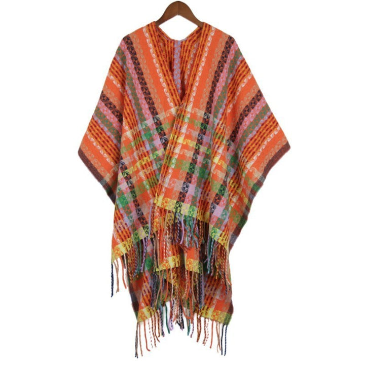 Damen Mehrfarbiger Web‑Poncho im Boho‑Patchwork‑Design mit Fransen Drune