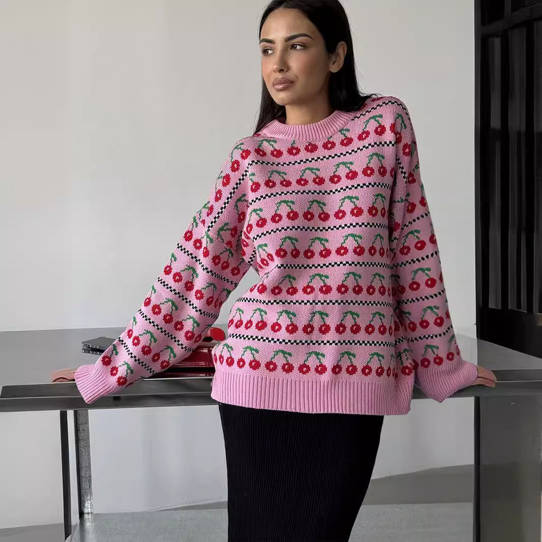 Damen Gemusterter Pullover mit fruchtigem Design Drune