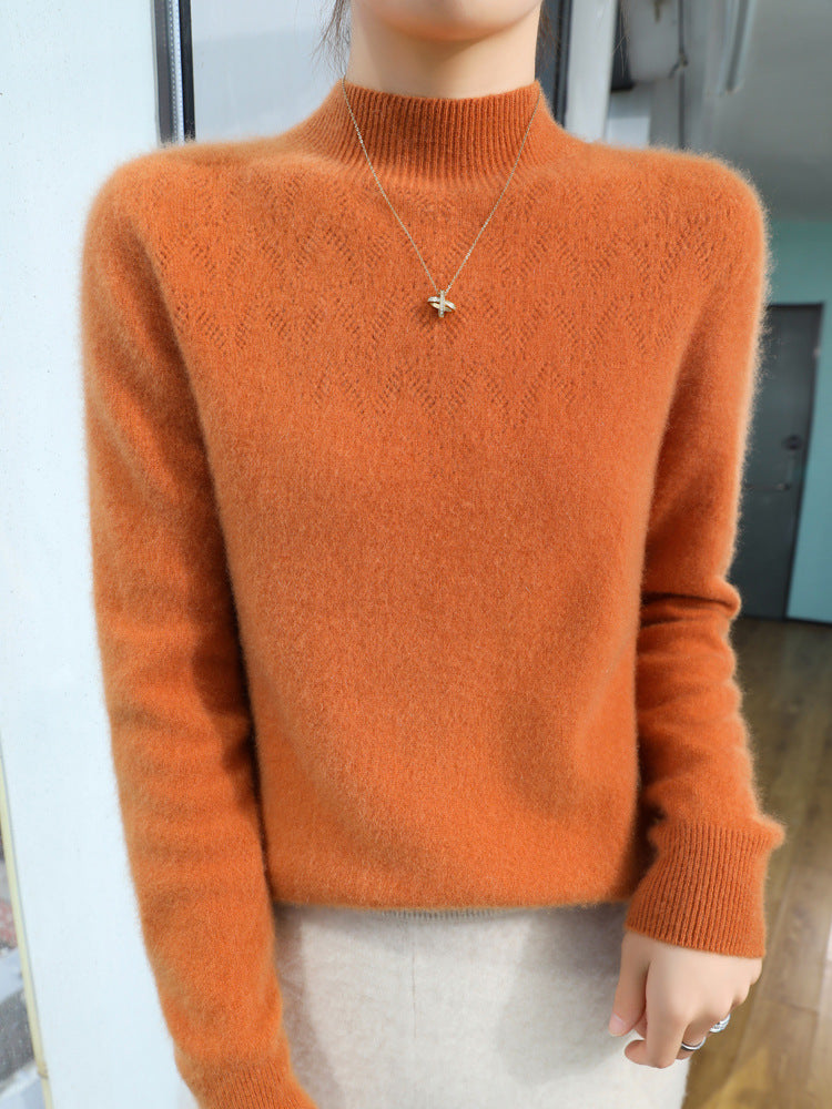 Damen Schlanker minimalistischer Stehkragen-Feinstrickpullover mit geripptem Hals Drune