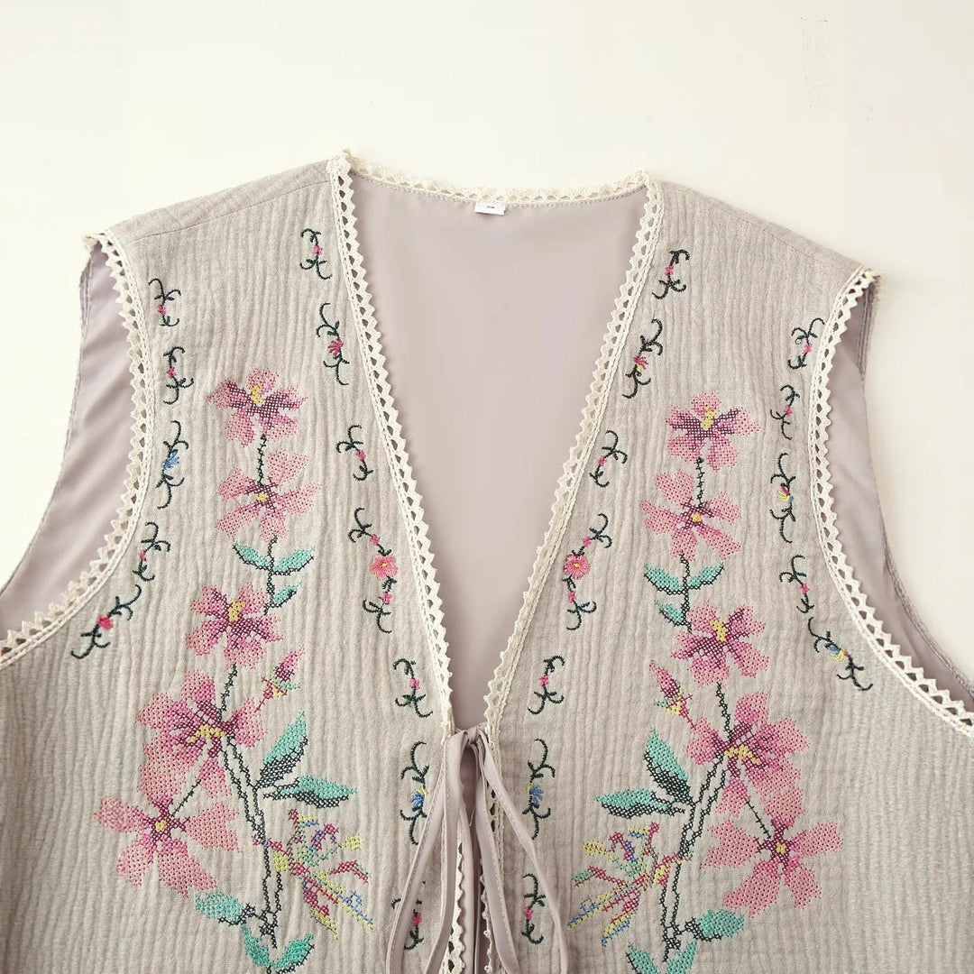 Damen nan bestickte Boho-Weste mit V-Ausschnitt, Front-Schnürung und zarter Spitzenborte Drune