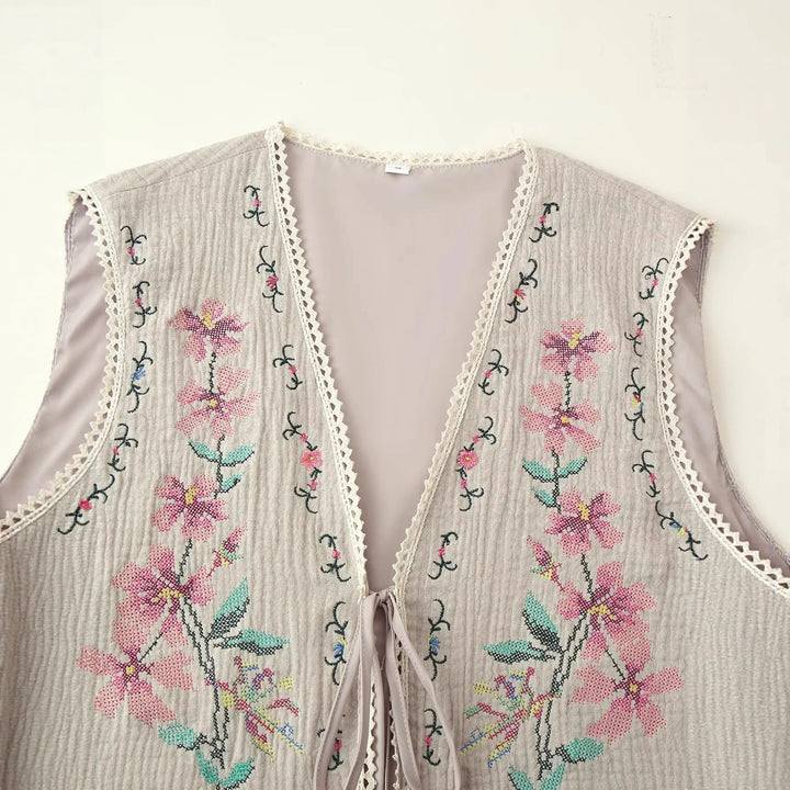 Damen nan bestickte Boho-Weste mit V-Ausschnitt, Front-Schnürung und zarter Spitzenborte Drune
