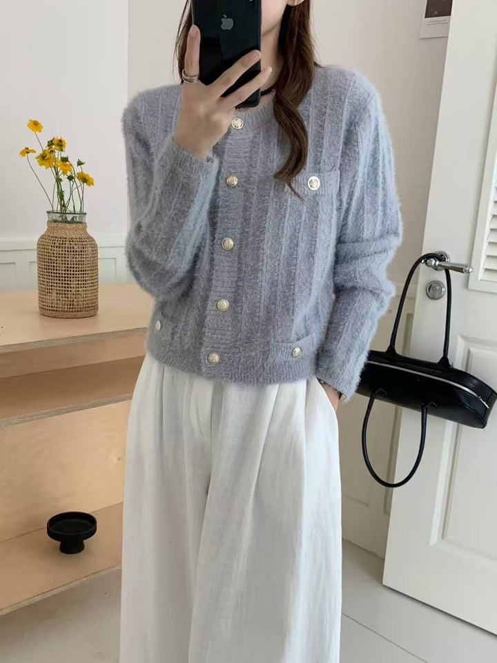 Damen Flauschiger Cardigan mit perligen Knöpfen Drune