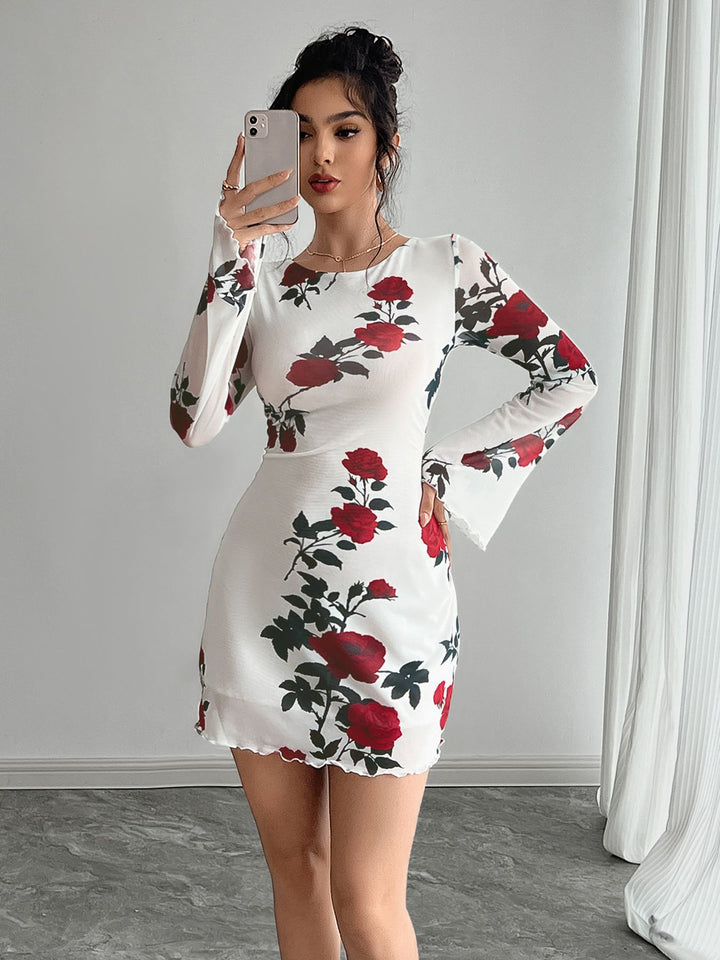 Damen nan figurbetontes Minikleid mit Rosenmuster und Trompetenärmeln Drune