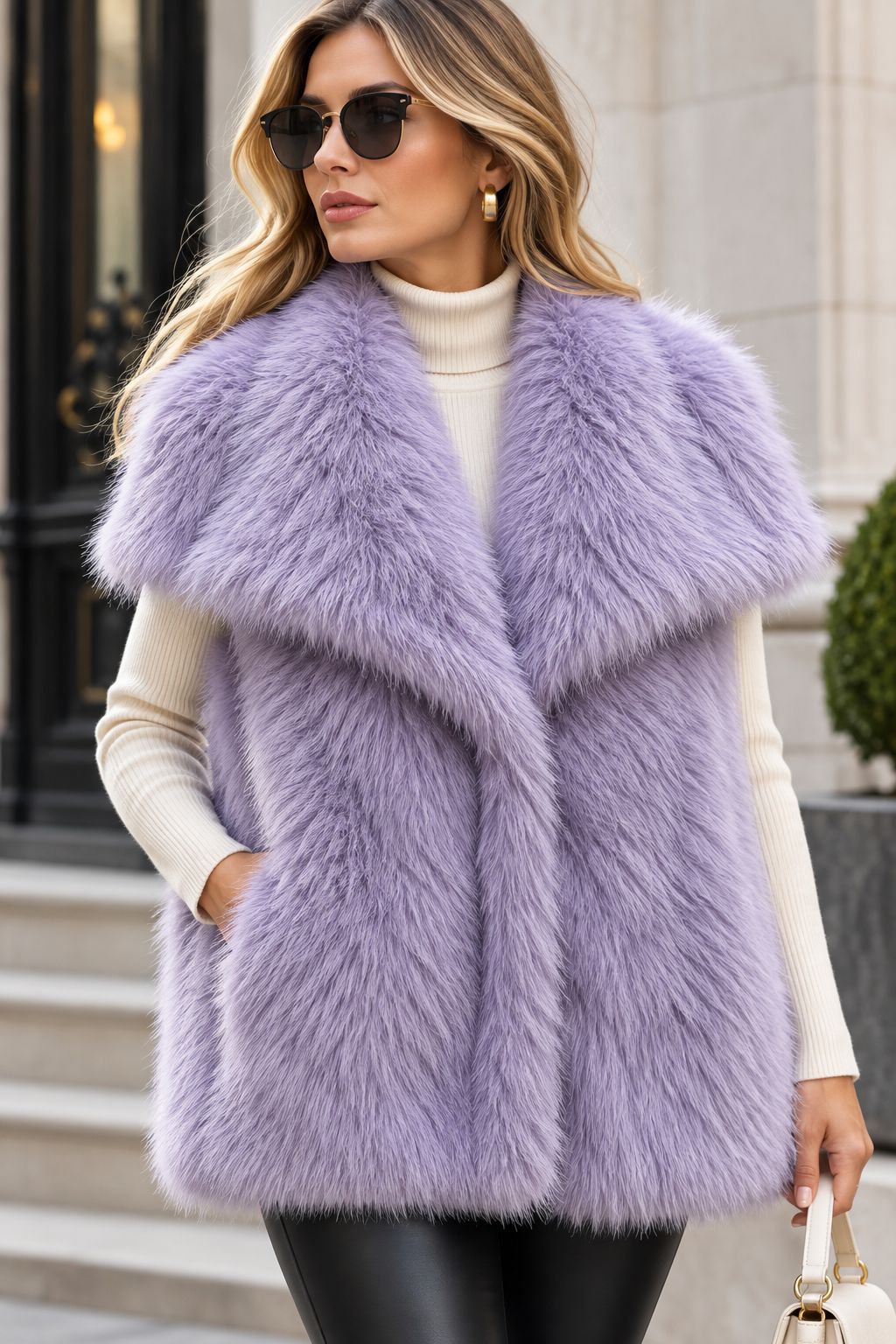 Damen Ärmellose Hochflor‑Kunstfellweste mit voluminösem Schalkragen und Eingrifftaschen Drune