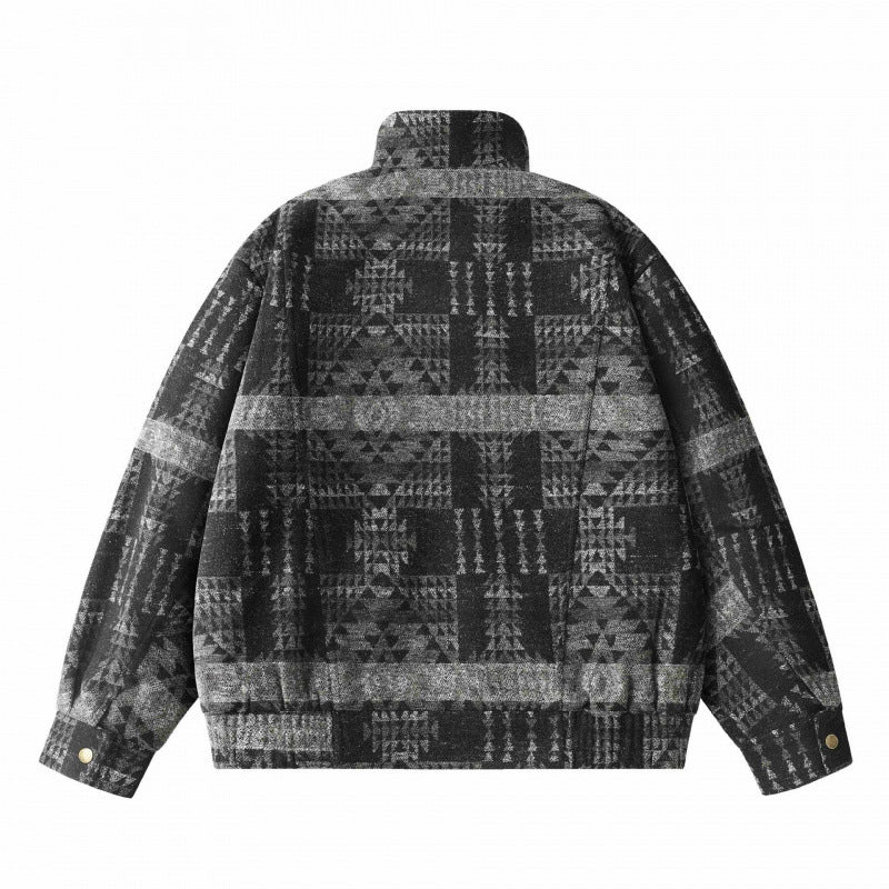 Unisex Kastenförmige Jacquard-Wolljacke im Bomberstil mit Stehkragen, Pattentaschen und elastischem Saum Drune