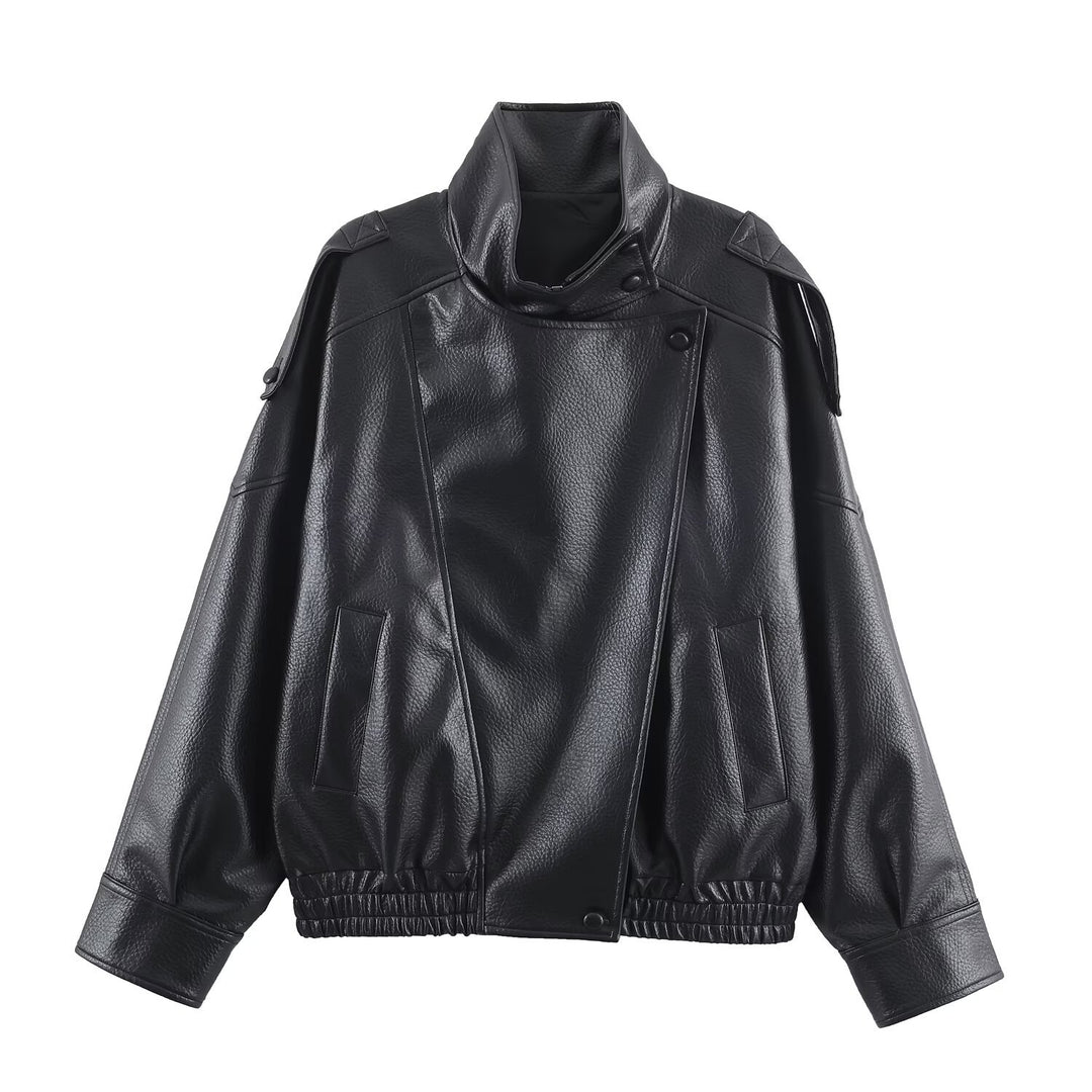 Damen modische Kunstlederjacke mit elegantem Revers Drune