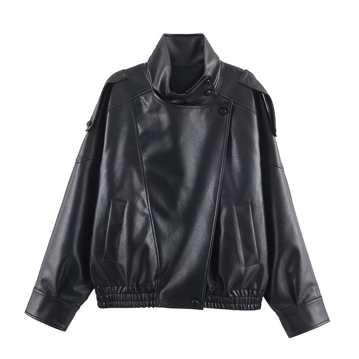 Damen modische Kunstlederjacke mit elegantem Revers Drune