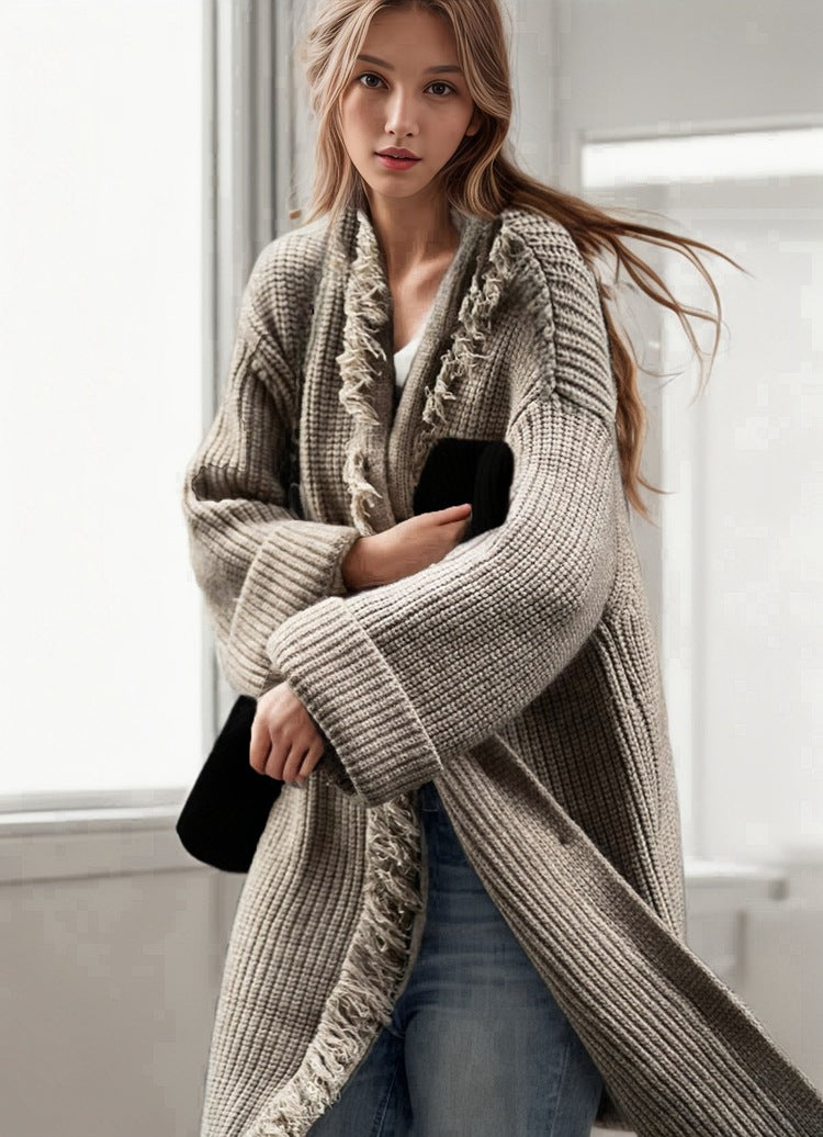 Damen Grobstrick-Cardigan mit fransigen Details und großer Knopfverzierung Drune