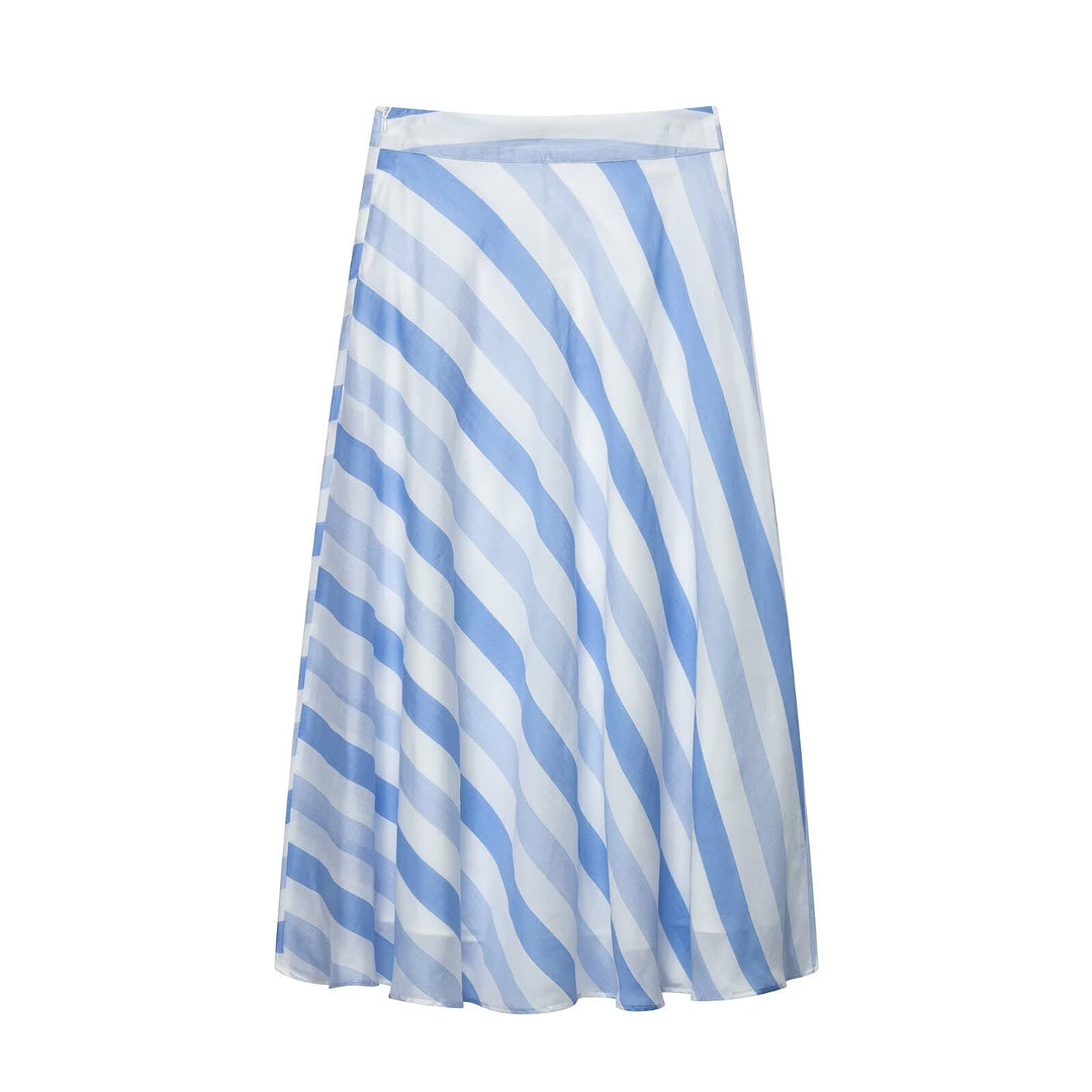 Damen Diagonal gestreifter A-Linien Midirock aus Chiffon mit hohem Bund und seitlichem Reißverschluss Drune