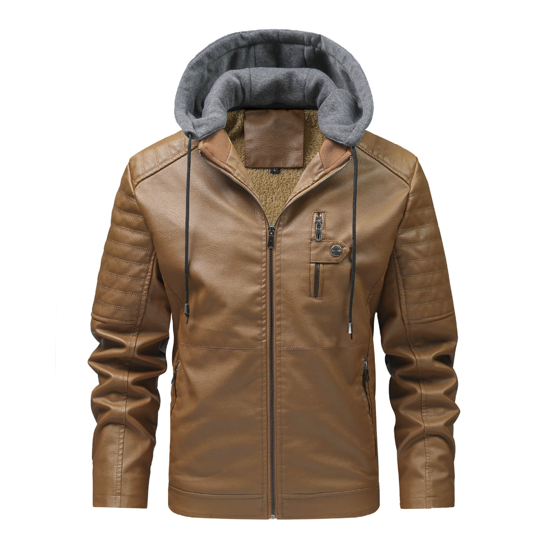 Herren Modische Lederjacke mit Kapuze Drune