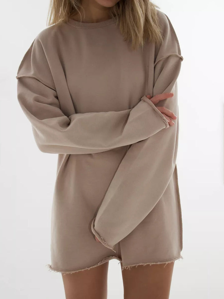 Damen oversized Sweatshirt mit ausgefranstem Saum und verlängerten Ärmeln Drune