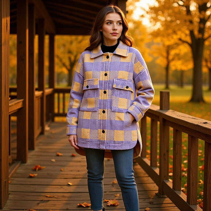 Damen Oversized Hemdjacke im Karo mit großen Pattentaschen und gerundetem Saum Drune