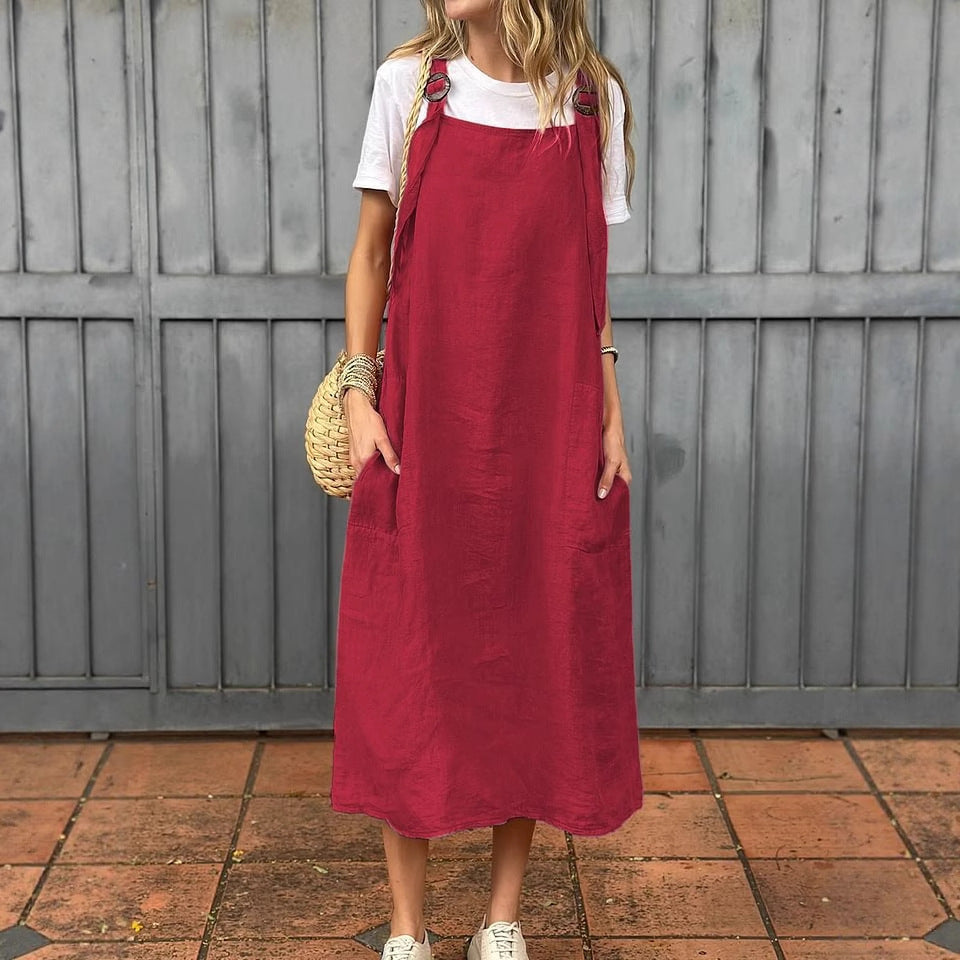 Damen lässiges Leinenkleid mit praktischen Taschen und verstellbaren Trägern Drune