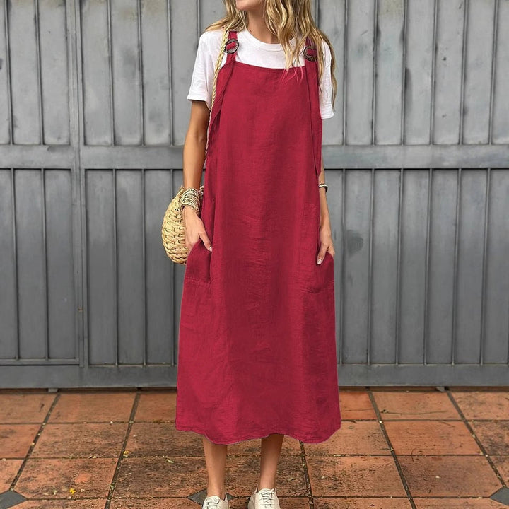 Damen lässiges Leinenkleid mit praktischen Taschen und verstellbaren Trägern Drune