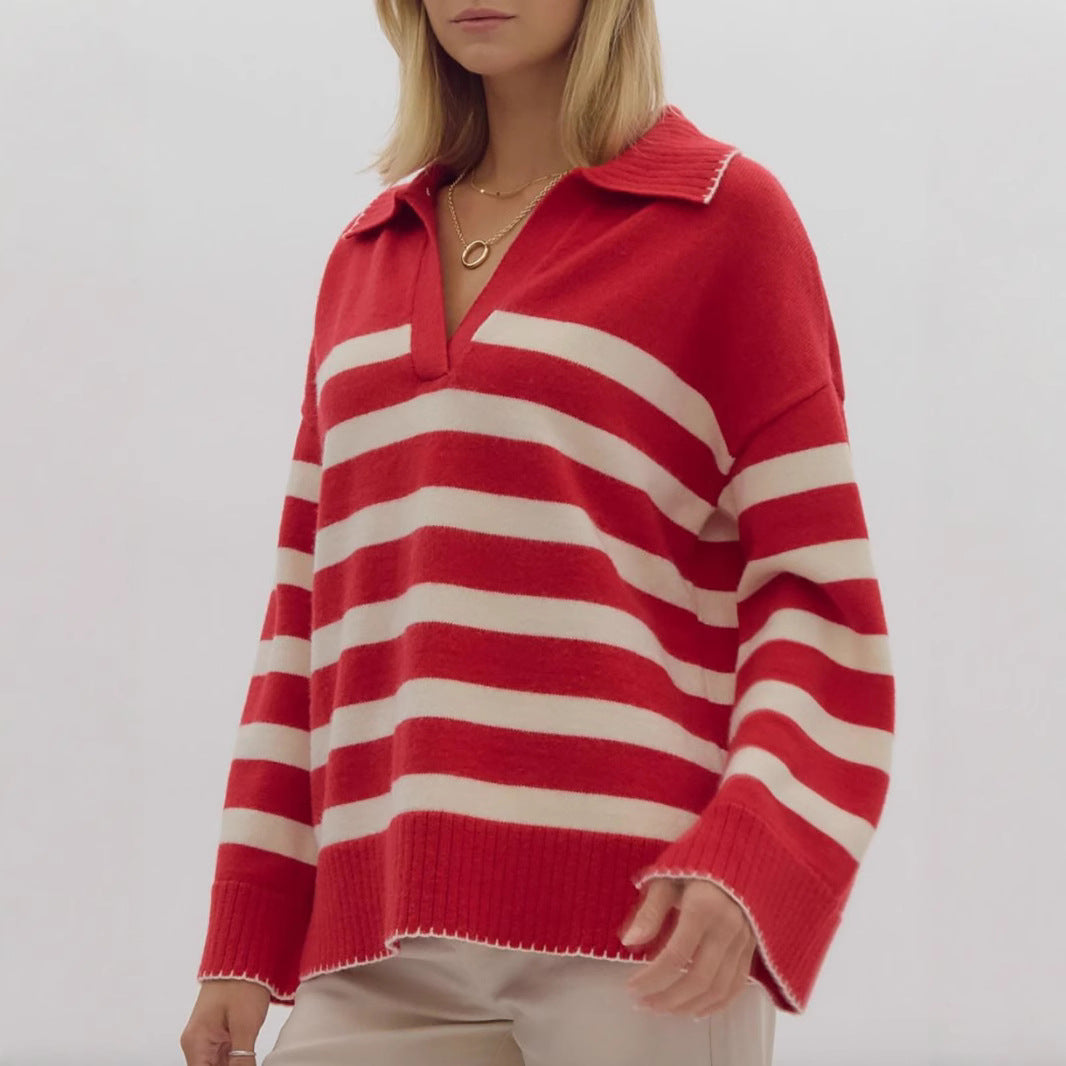 Damen kuschelige Strickpullover mit modernem Streifenmuster und V-Ausschnitt Drune