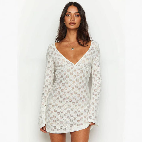 Damen Spitzen-Kleid mit V-Ausschnitt und langen Ärmeln Drune