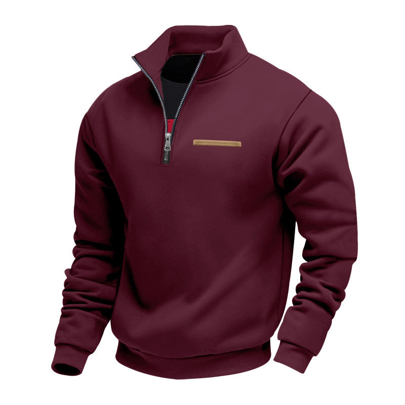 Herren nan Sweatshirt mit halbem Reißverschluss, Stehkragen und Brust-Welttasche Drune
