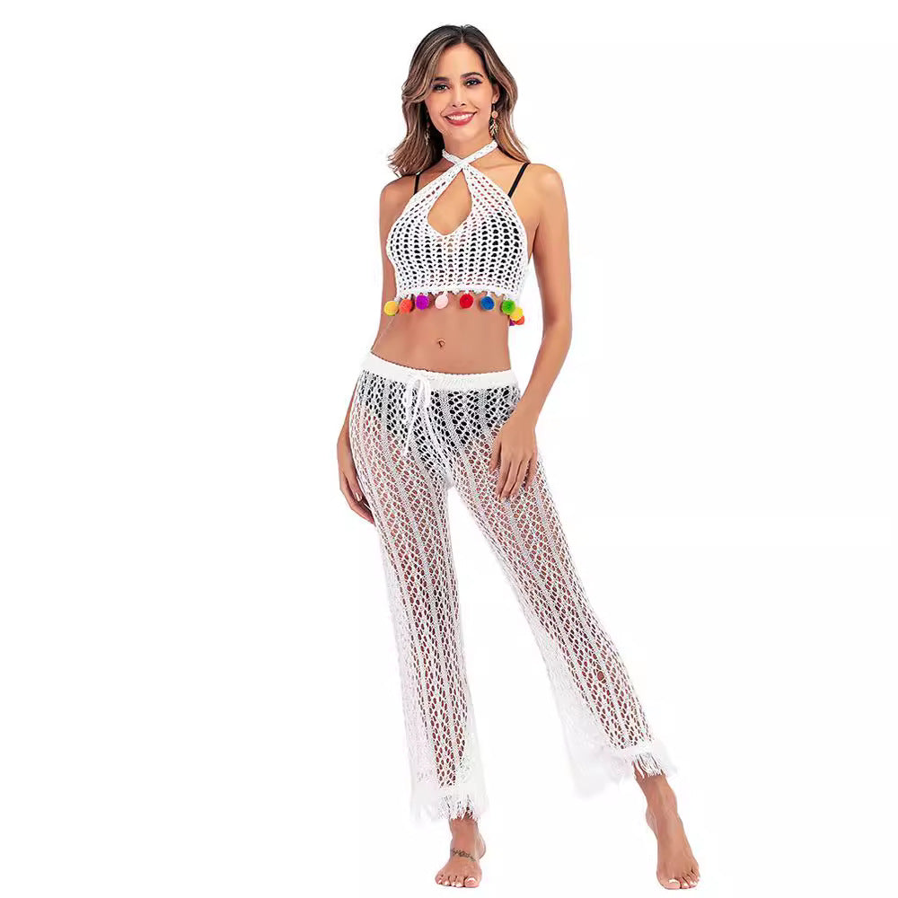 Damen Häkelstrickhose mit fransigen Säumen und hohem Bund Drune