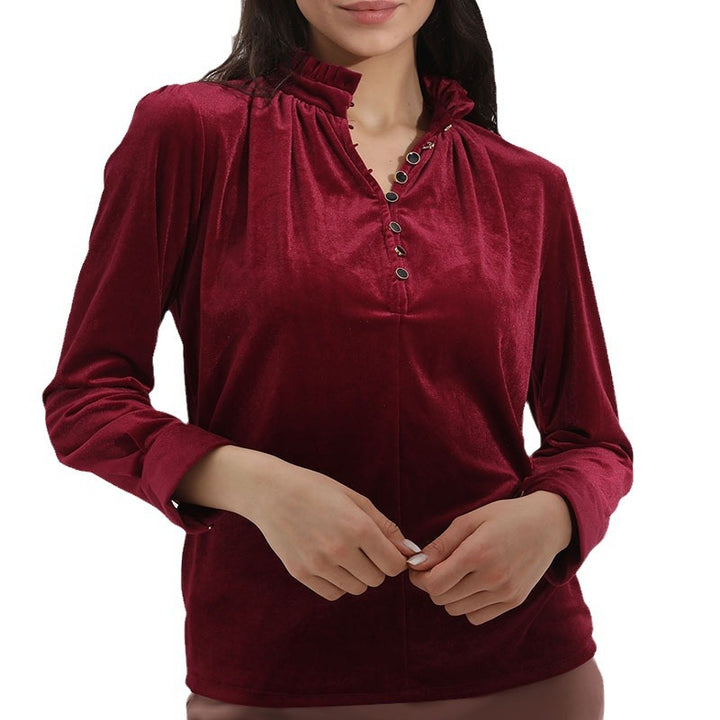 Damen Elegantes Samtoberteil mit gerafftem Kragen und Knopfdetails Drune