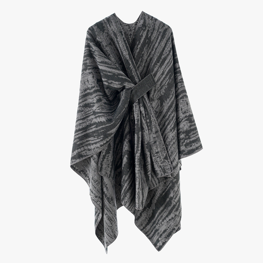 Damen Jacquard-Cape-Überwurf mit strukturierter Wellenoptik, Bindegürtel und asymmetrischem Zipfelsaum Drune
