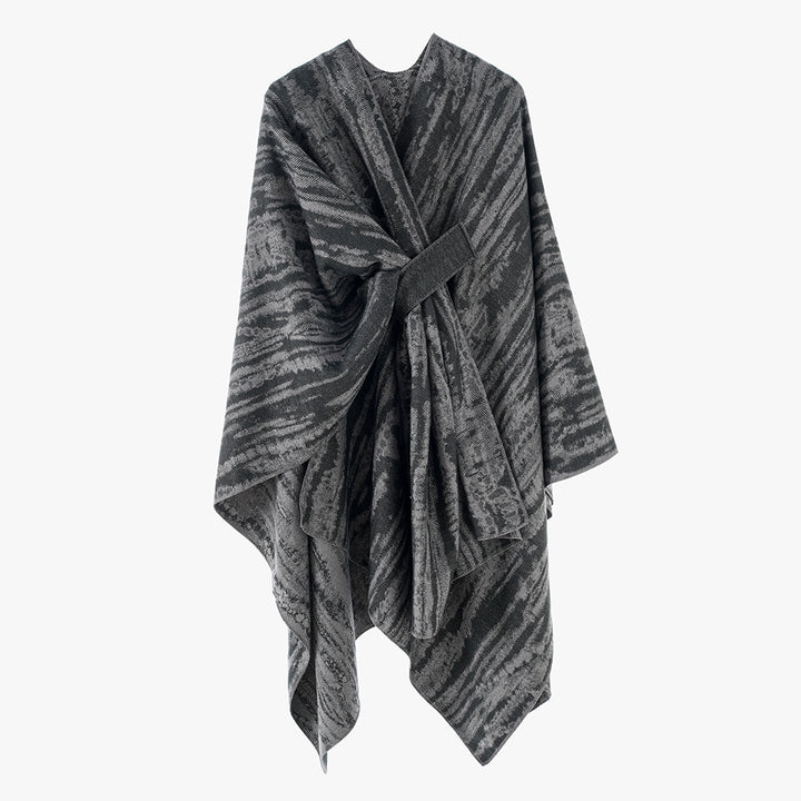 Damen Jacquard-Cape-Überwurf mit strukturierter Wellenoptik, Bindegürtel und asymmetrischem Zipfelsaum Drune