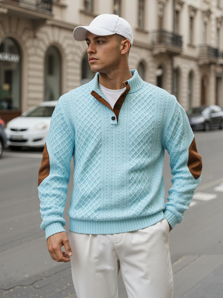 Herren Troyer-Pullover mit Stehkragen, strukturierter Strickoptik und Kontrast-Ellbogenpatches Drune
