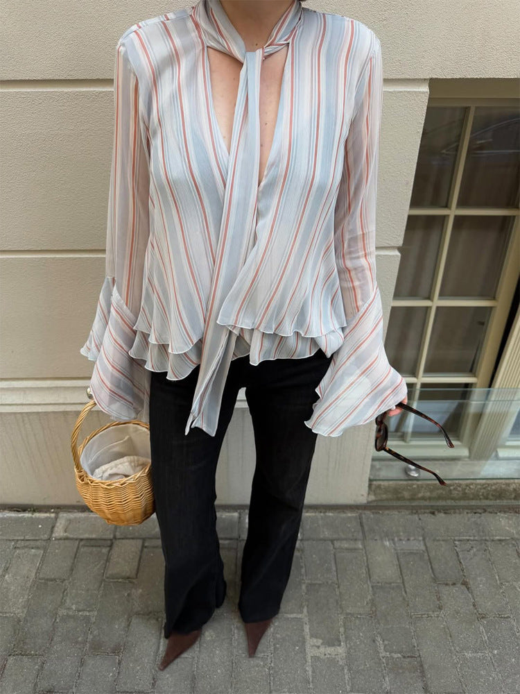 Damen Gestreifte Chiffon-Bluse mit Bindeschleife, Volant-Saum & Glockenärmeln Drune