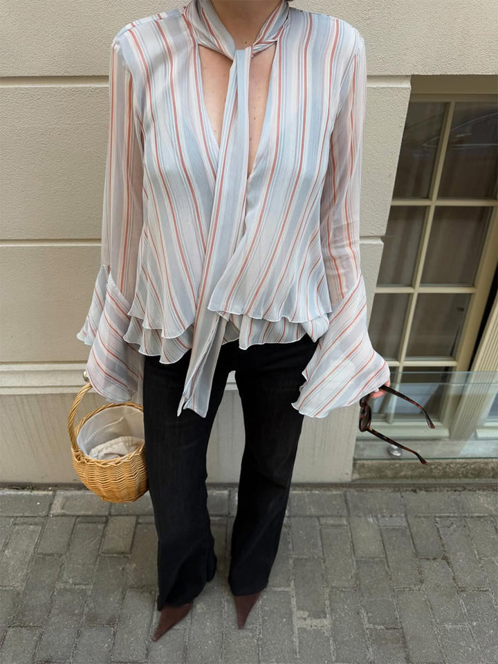 Damen Gestreifte Chiffon-Bluse mit Bindeschleife, Volant-Saum & Glockenärmeln Drune