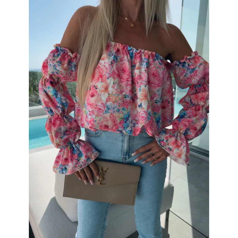 Damen Off-Shoulder Rüsch Blumen Bluse Drune