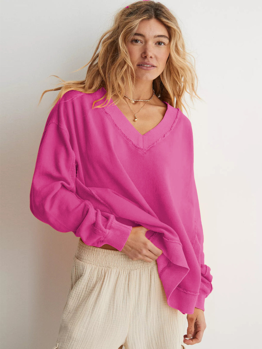 Damen lässiger V-Ausschnitt Sweatshirt mit angesagtem Oversized-Schnitt Drune