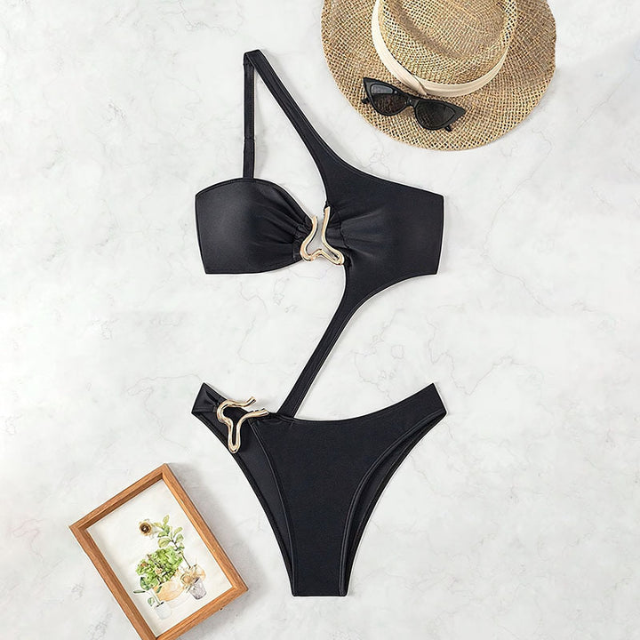 Damen Einseitiger Cut-Out Badeanzug mit luxuriösem Dekor Drune