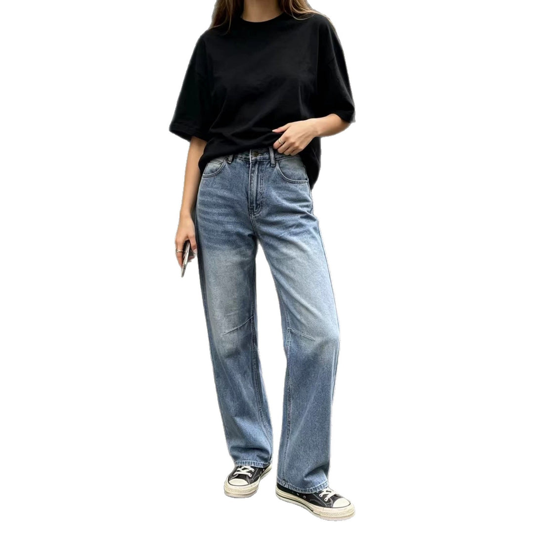 Damen nan hochgeschnittene weite Jeans mit geradem Bein, Knieabnähern und klassischem Five‑Pocket‑Schnitt Drune