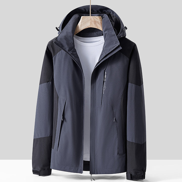 Unisex Atmungsaktive Softshell-Outdoorjacke im Colorblock-Design mit regulierbarer Kapuze und verdecktem Zweiwege-Reißverschluss Drune