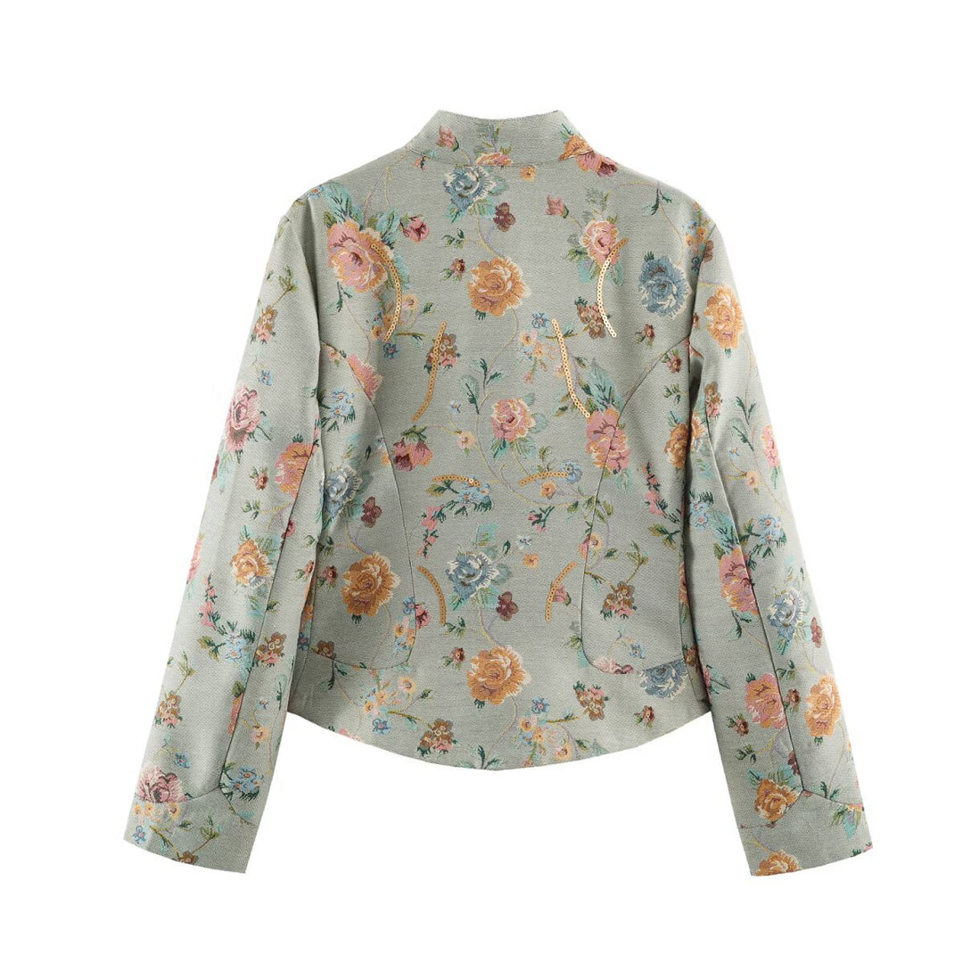 Damen geblümte Jacquard‑Kurzjacke mit Stehkragen, Pattentaschen und Paillettenbesatz Drune