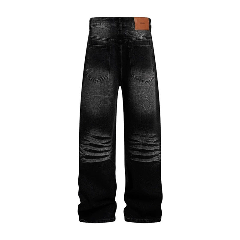Damen weite High‑Waist Jeanshose mit Distressed‑Rissen und Strassbesatz Drune