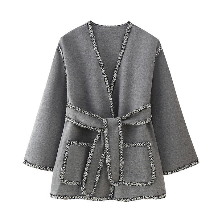 Damen elegante Wickeljacke mit kontrastierenden Verzierungen Drune