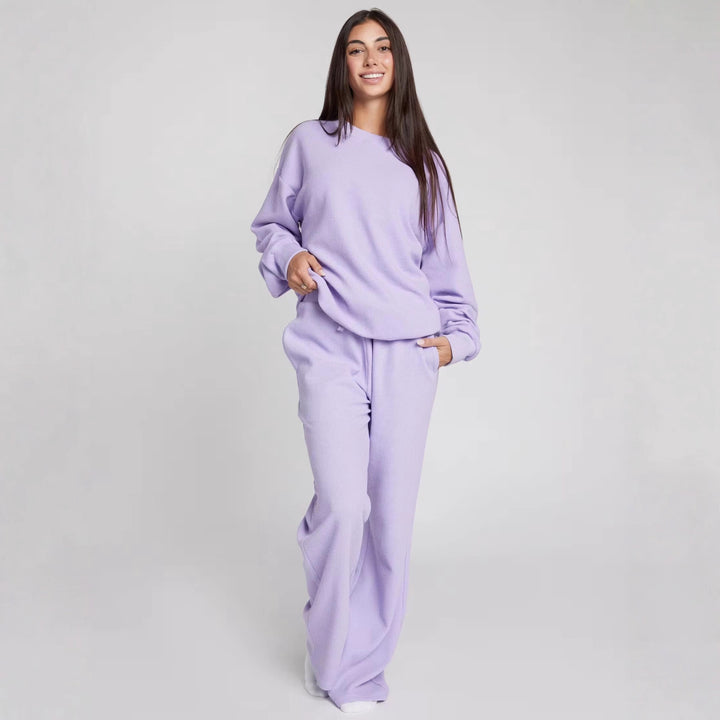Damen geräumiges Waffelstrick-Loungewear-Set mit Rundhalsausschnitt und Tunnelzughose Drune