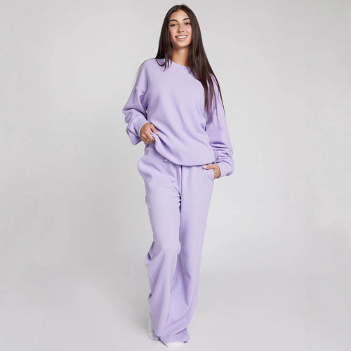 Damen geräumiges Waffelstrick-Loungewear-Set mit Rundhalsausschnitt und Tunnelzughose Drune